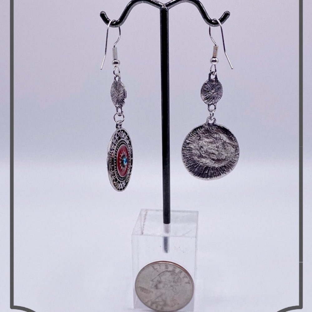 Bohemian Red Dangle Earrings with Blue Rhinestones - Picture 3 of 4